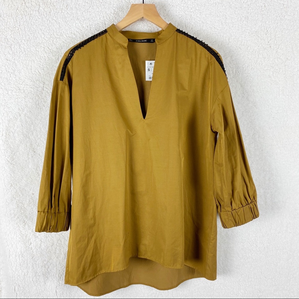 Zara Basic Long Sleeve V-neck Hi-Low Relaxed Tunic Top Blouse Mustard NWT - Picture 1 of 7